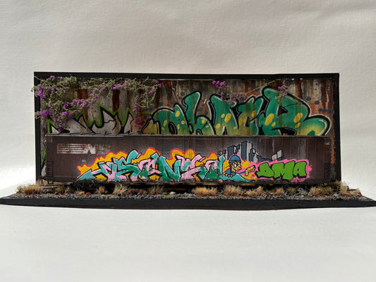 Miniature Model Railroad car and background.